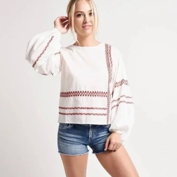 Joie Boho White Semi-Sheer Button-Back Bishop-Sleeved Embroidered Peasant top - Picture 1 of 10